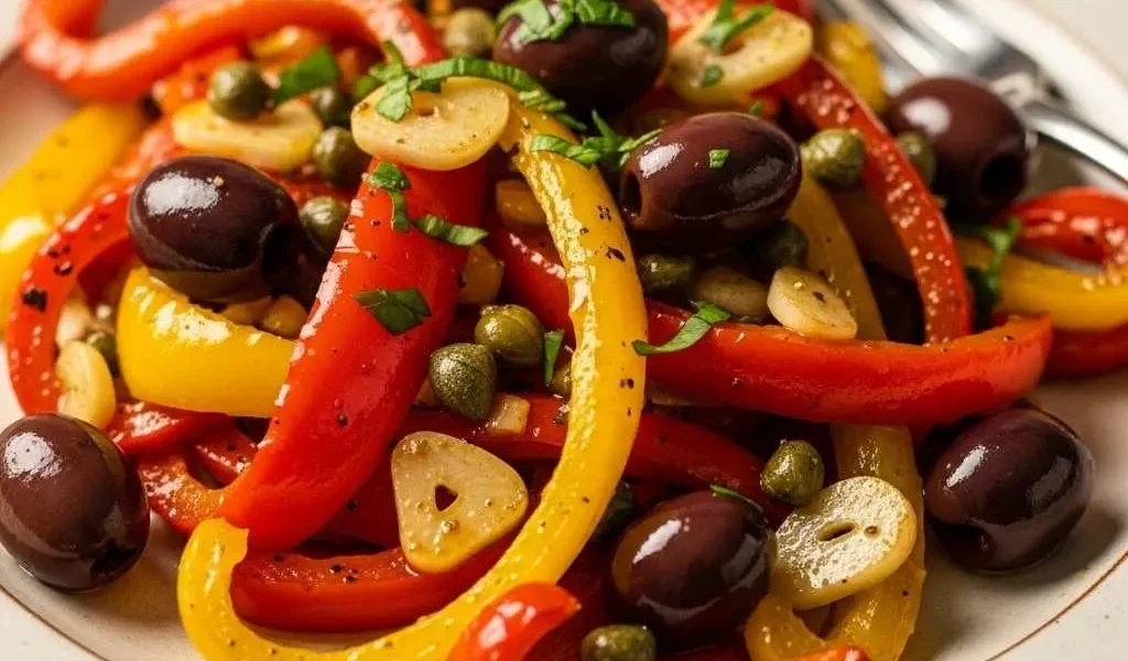 Pimientos con aceitunas y alcaparras terminados
