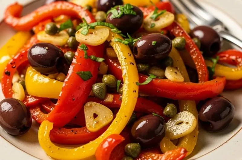 Pimientos con aceitunas y alcaparras terminados