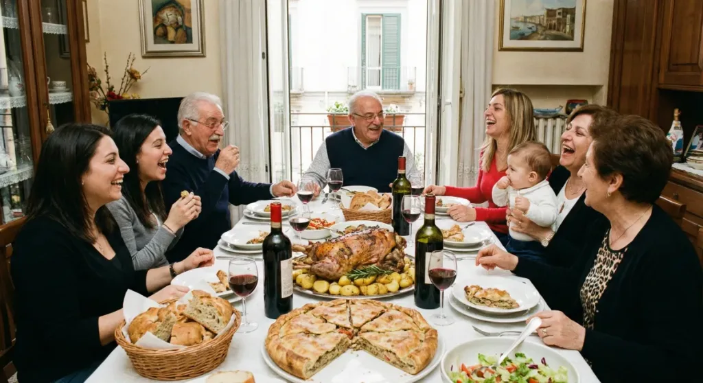Una familia napolitana celebra el Domingo de Resurrección compartiendo un banquete con cordero asado, parte central de la comida de Semana Santa en Nápoles