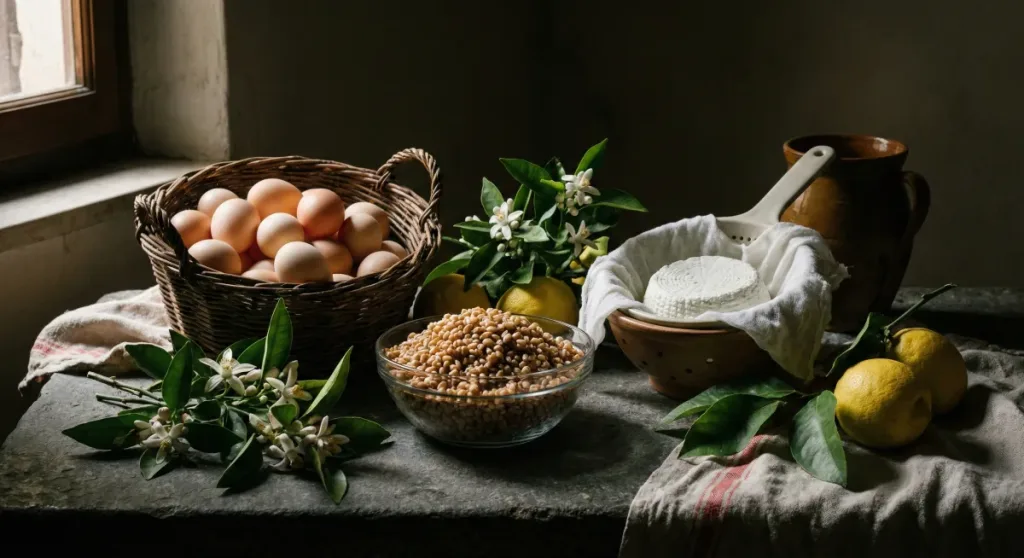 Bodegón rústico que muestra los ingredientes simbólicos de la comida de Semana Santa en Nápoles: trigo cocido para la pastiera, huevos frescos y ricotta.