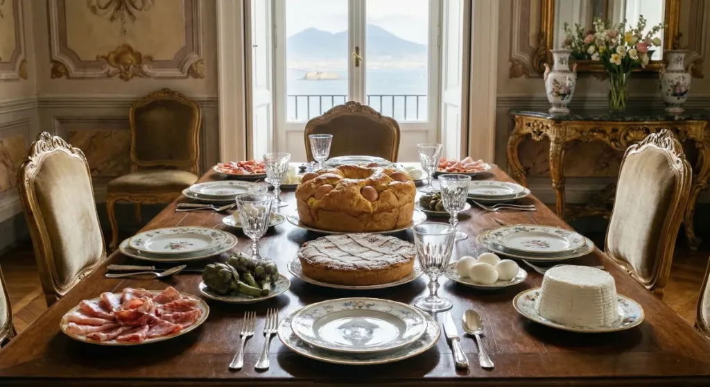 Una mesa festiva rebosante de la tradicional comida de Semana Santa en Nápoles, destacando en el centro un Casatiello salado y una dulce Pastiera.