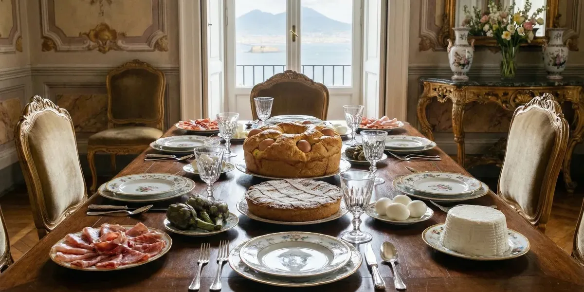 Una mesa festiva rebosante de la tradicional comida de Semana Santa en Nápoles, destacando en el centro un Casatiello salado y una dulce Pastiera.