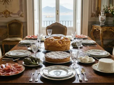 Una mesa festiva rebosante de la tradicional comida de Semana Santa en Nápoles, destacando en el centro un Casatiello salado y una dulce Pastiera.