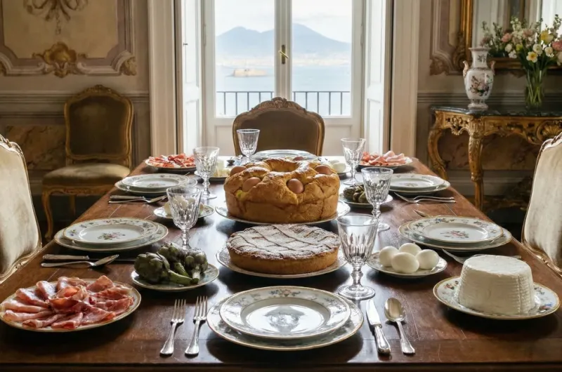 Una mesa festiva rebosante de la tradicional comida de Semana Santa en Nápoles, destacando en el centro un Casatiello salado y una dulce Pastiera.