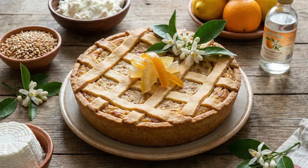 Pastiera entera sobre una mesa que tiene todos los ingredientes para elaborarla