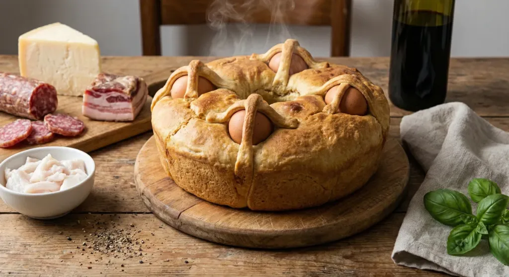 Casatiello en una mesa , el tortano esta humeando y el rededor están los ingredientes para elborarlo