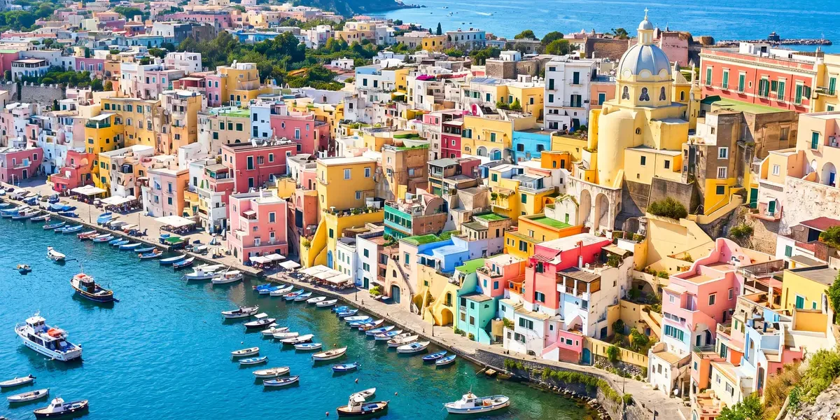 Panorámica de las casas coloridas de pescadores junto al mar en Procida, una muestra perfecta de qué ver en la costa amalfitana.
