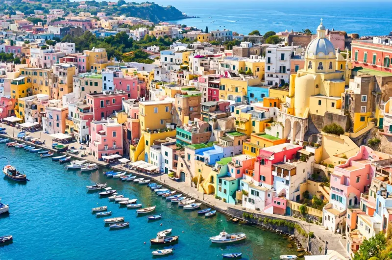 Panorámica de las casas coloridas de pescadores junto al mar en Procida, una muestra perfecta de qué ver en la costa amalfitana.