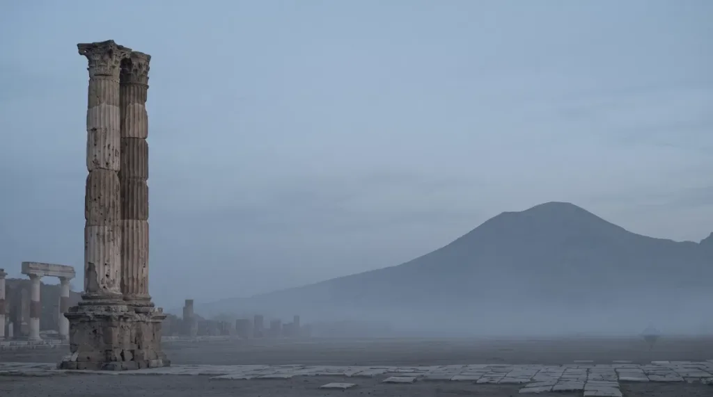El Foro central en la historia de Pompeya con vistas al volcán Vesubio